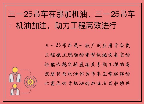 三一25吊车在那加机油、三一25吊车：机油加注，助力工程高效进行