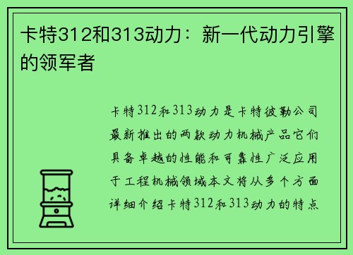 卡特312和313动力：新一代动力引擎的领军者
